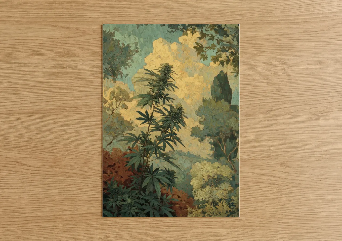 Cannabis art print on warm oak wood — gold and sage green palette — Golden Botanical Canvas poster