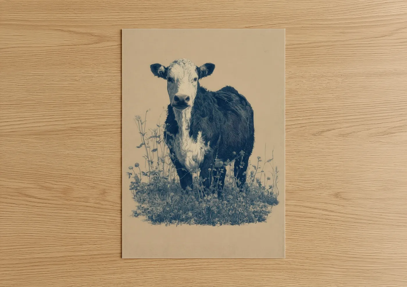 Angus Cow in Wildflower Field Illustration Wall Art