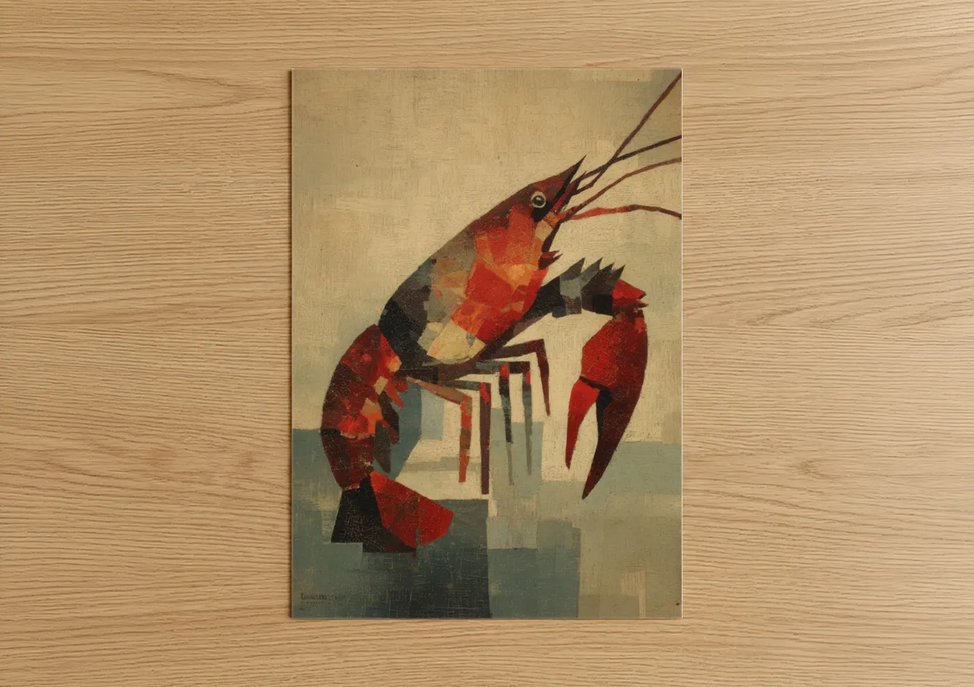Art print on warm oak wood — red and black palette — Geometric Crayfish poster