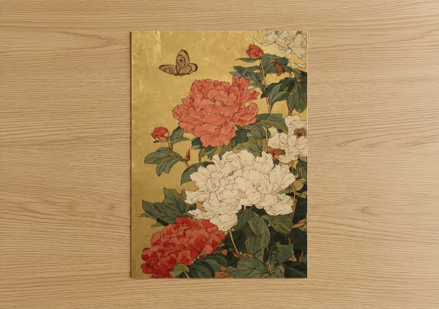 Art print on warm oak wood — gold and salmon pink palette — Golden Peony Butterflies poster