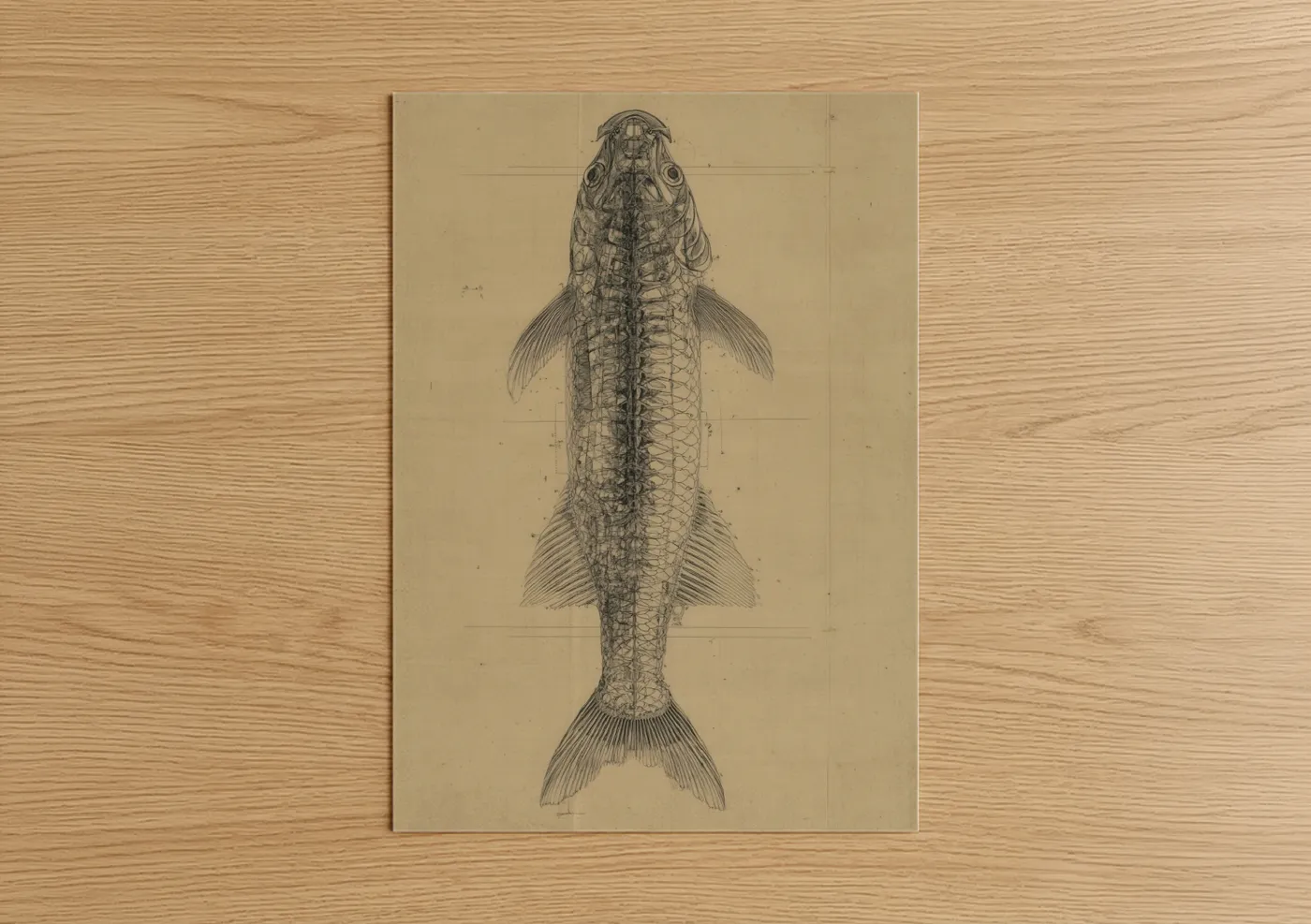 Art print on warm oak wood — black and white and cream palette — Anatomical Tarpon poster