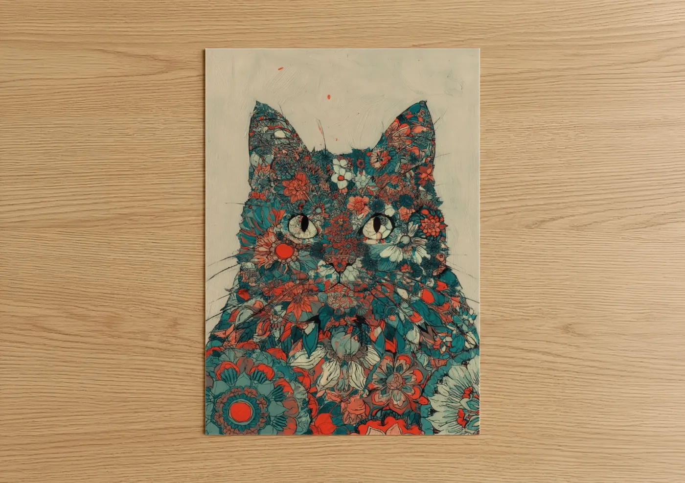 Art print on warm oak wood — red and teal palette — Floral Cat Portrait poster