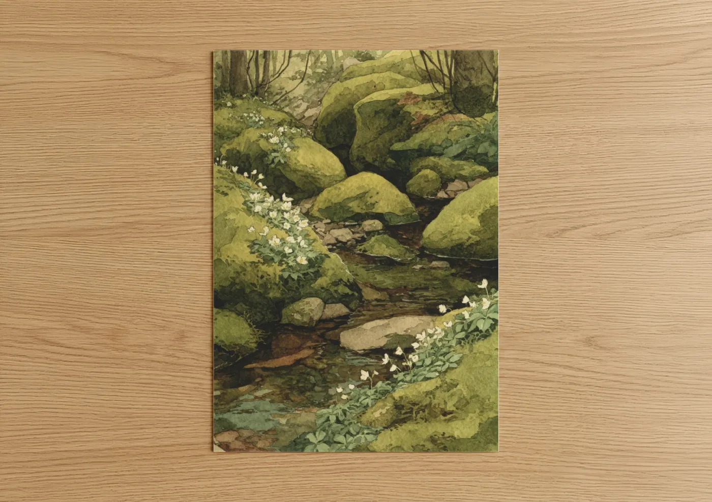 Mossy Stream Spring Botanical Watercolor Wall Art