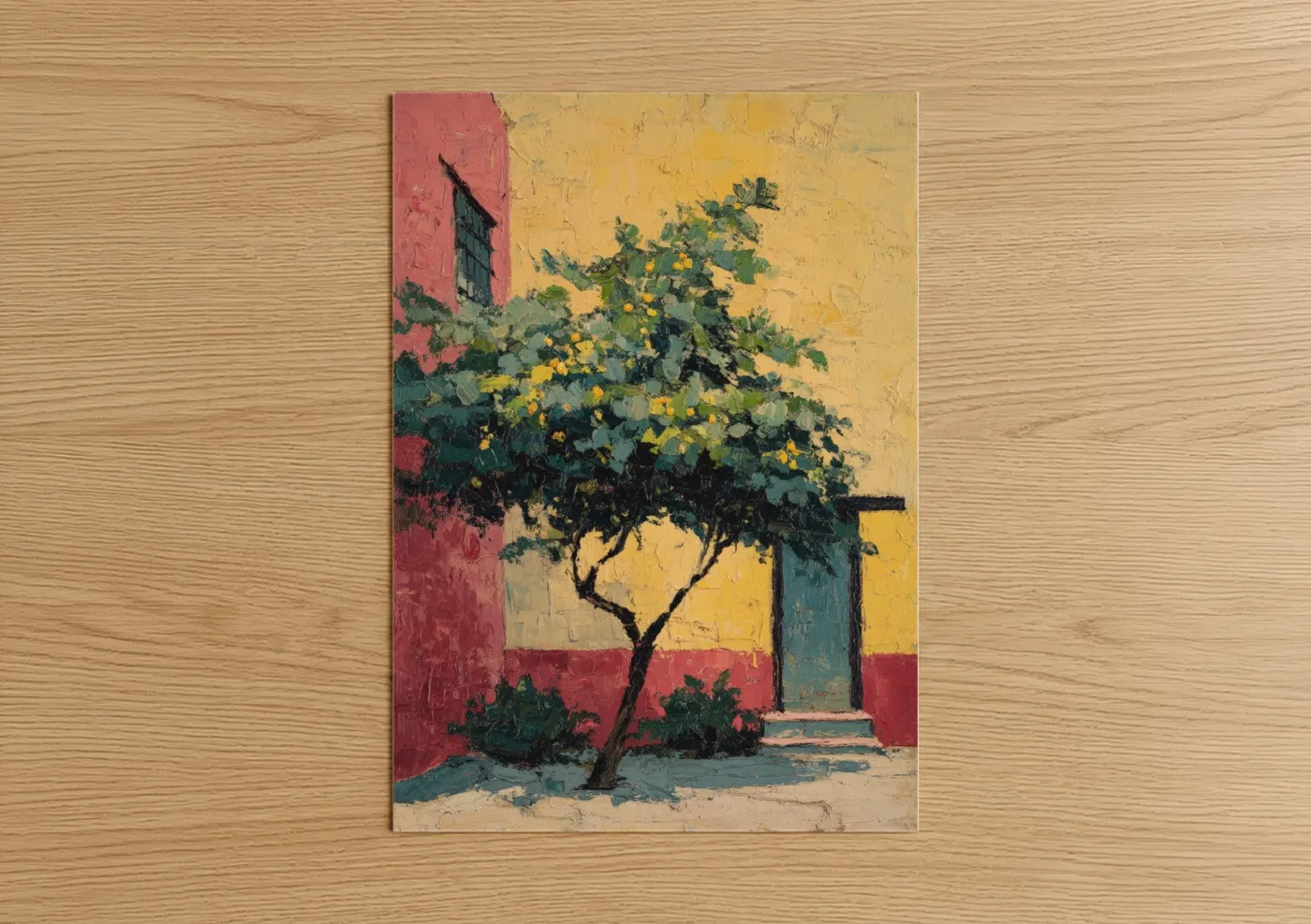 Fruit trees art print on warm oak wood — yellow gold and maroon palette — Courtyard Fruit Tree poster