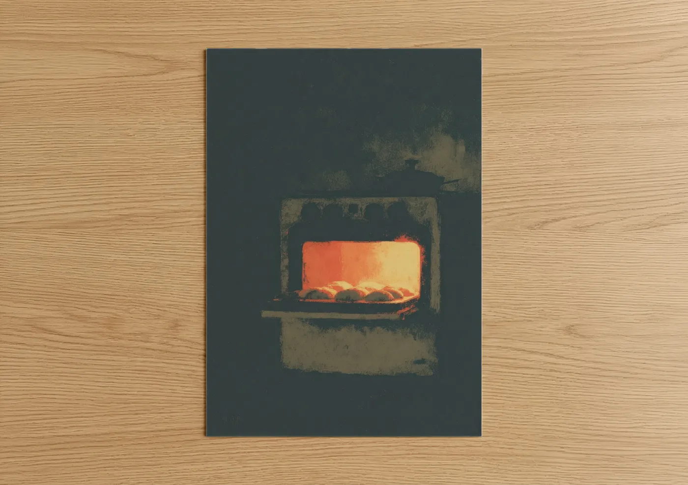 Baking art print on warm oak wood — orange and dove gray palette — Glowing Fireplace poster