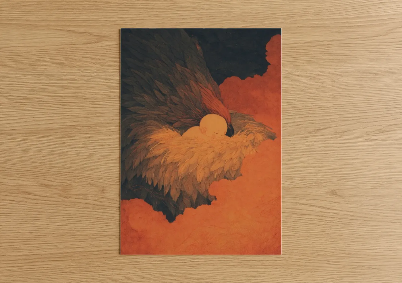 Kids magic and fantasy art print on warm oak wood — pumpkin and gold palette — Cradled by Wings poster