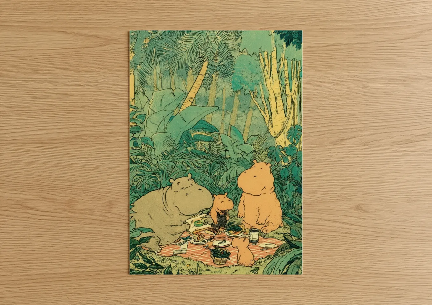 Whimsical Hippo Family Jungle Picnic Illustration Wall Art
