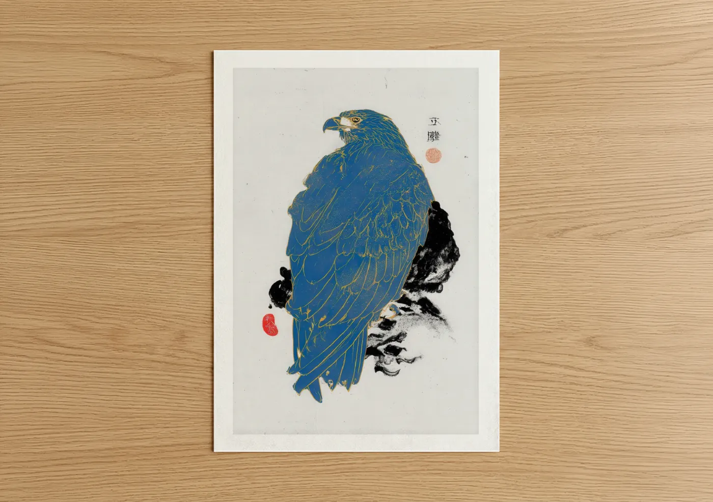 Blue Eagle on Rock Japanese Woodblock Wall Art