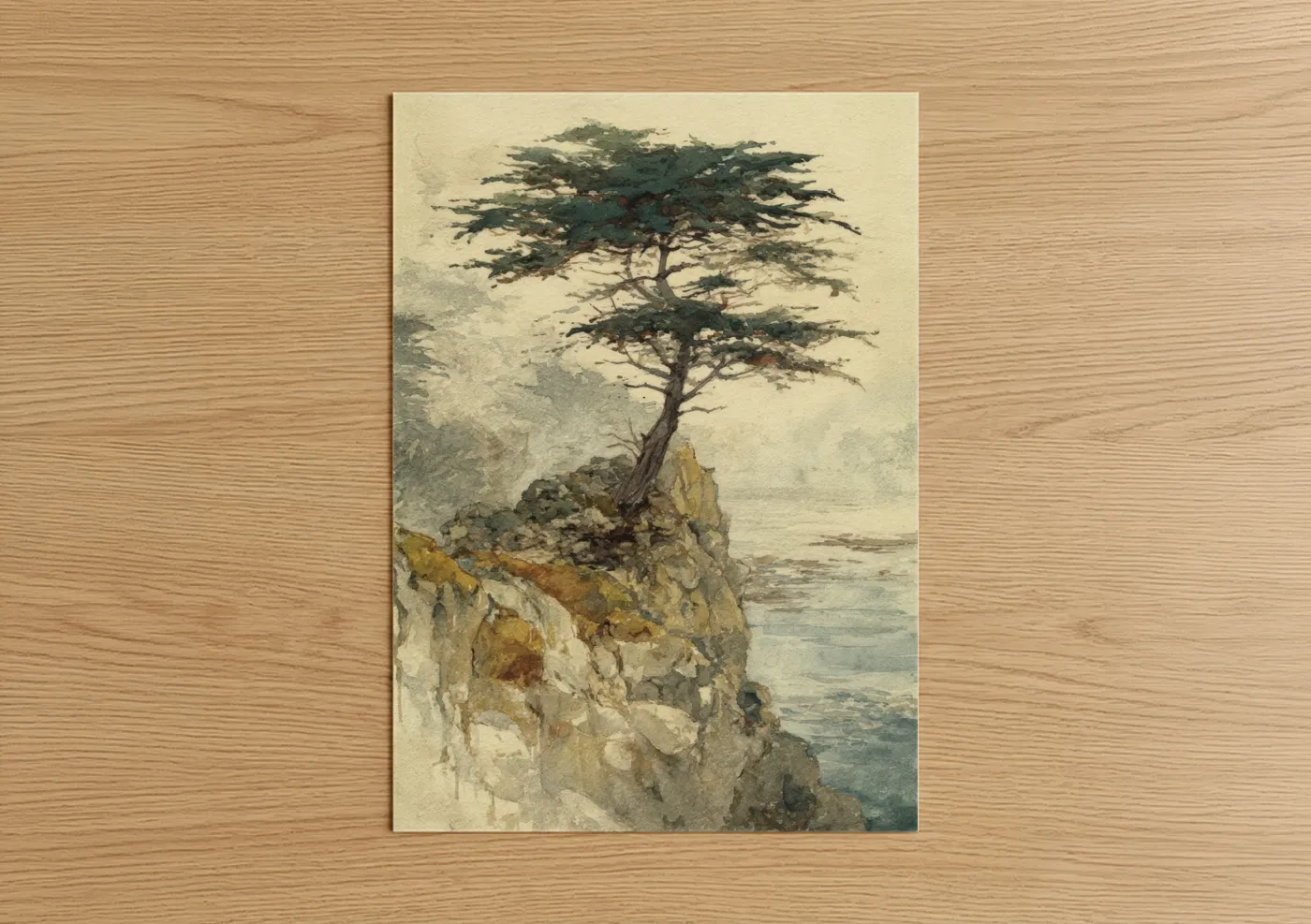 Cypress tree art print on warm oak wood — cream and dark green palette — Clifftop Cypress poster