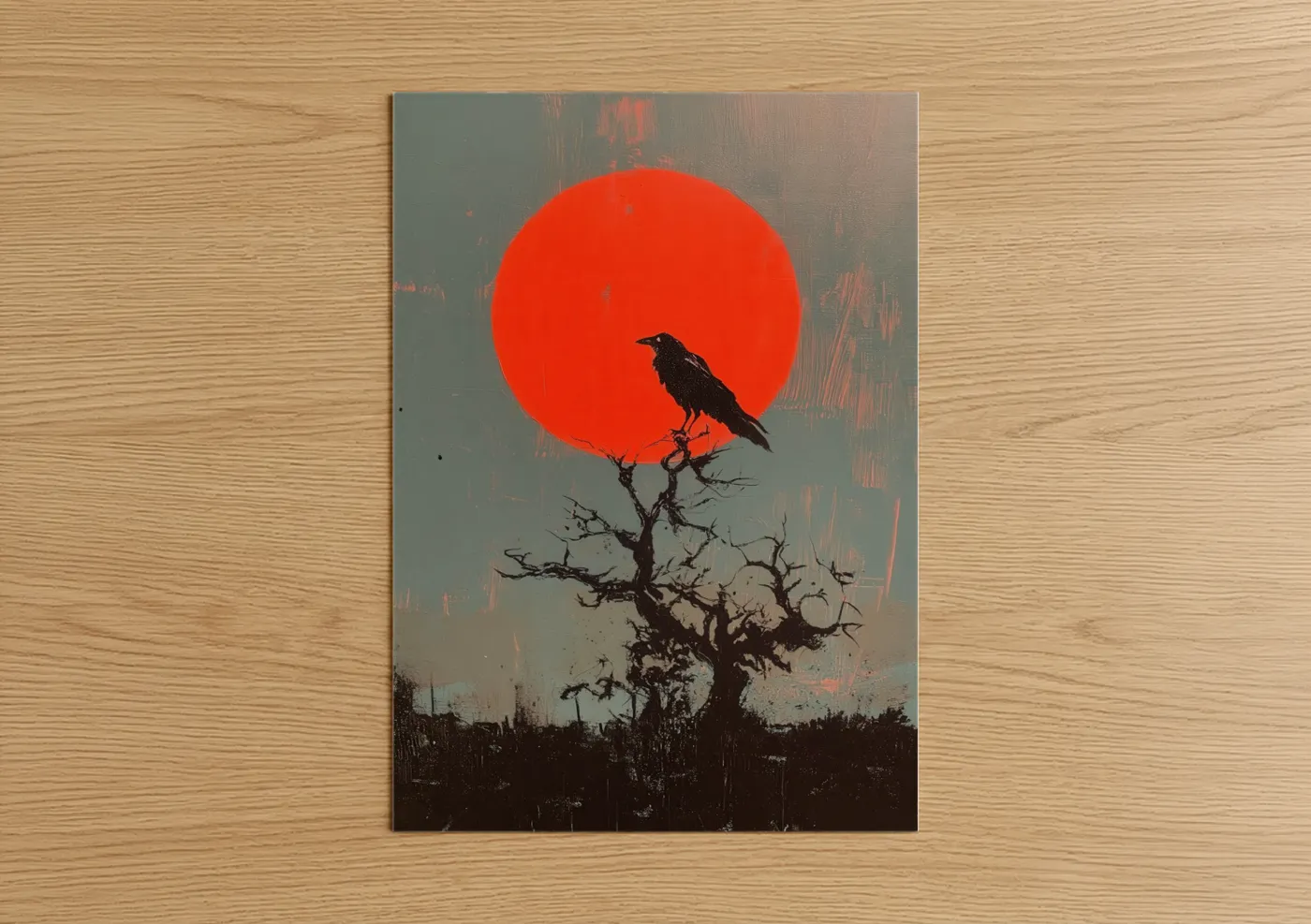 Crimson Raven Silhouette Japanese Wall Art