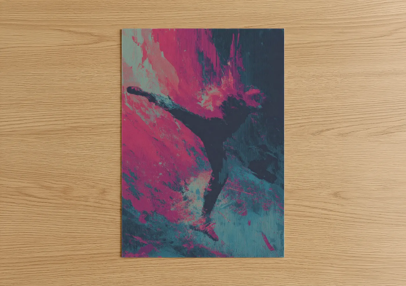 Kick boxing art print on warm oak wood — magenta and teal palette — Dynamic Kick Boxer poster
