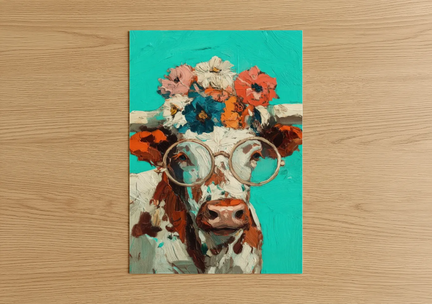 Longhorn cow art print on warm oak wood — turquoise and orange palette — Floral Longhorn poster