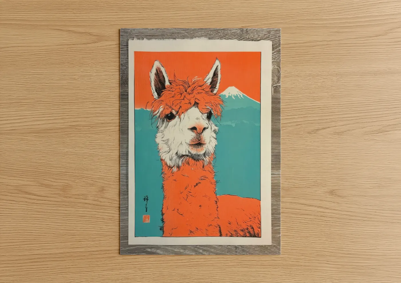 Snowy Alpaca Portrait with Mountain Wall Art