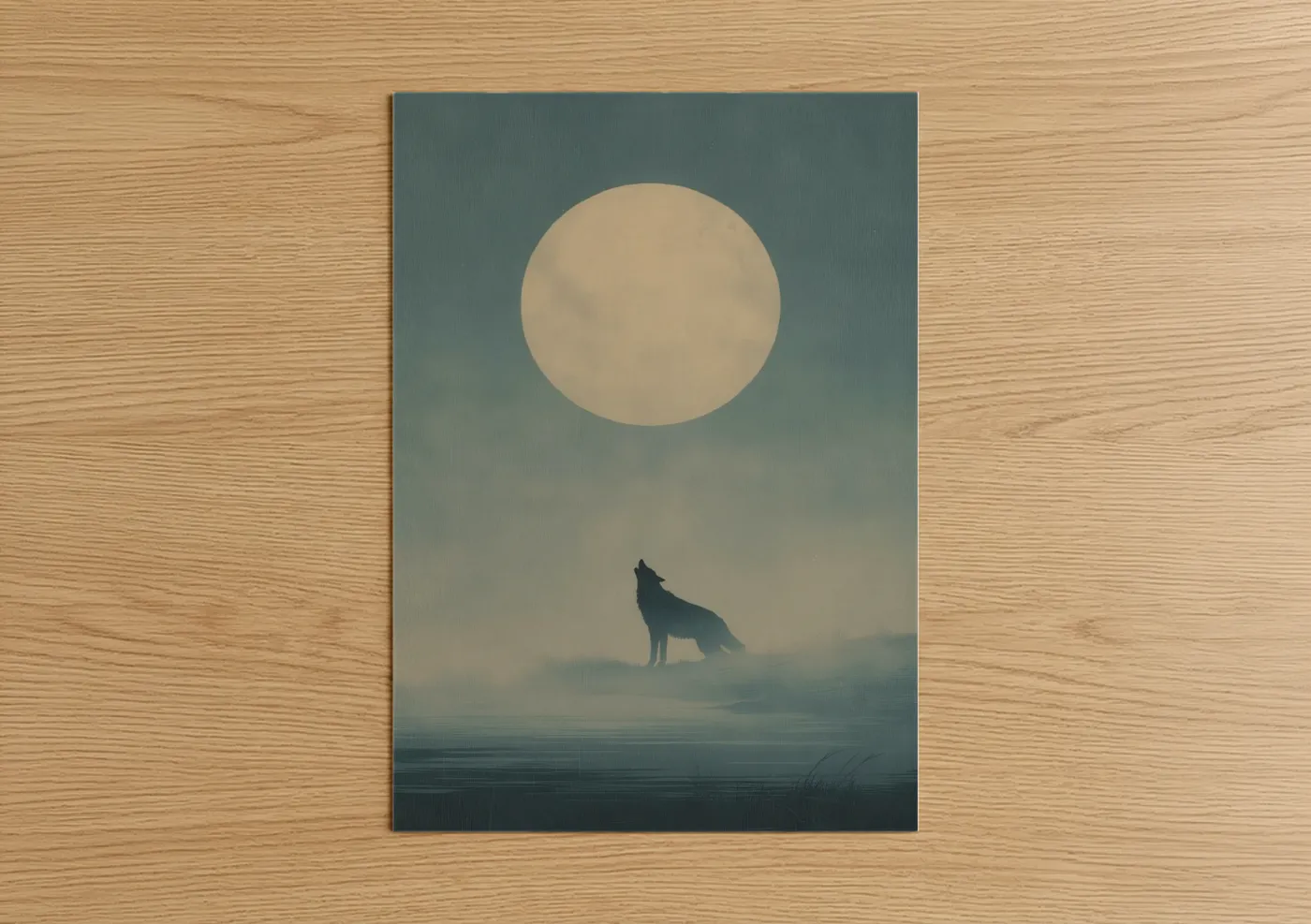 Art print on warm oak wood — blue and white and cream palette — Moonlit Coyote poster
