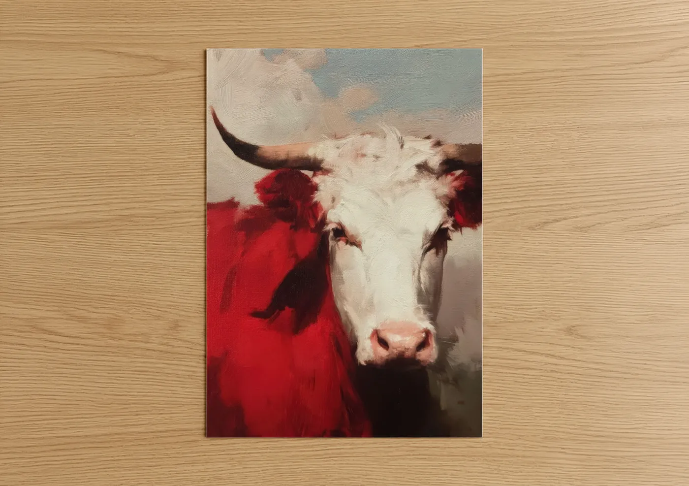 Hereford cow art print on warm oak wood — red and white palette — Crimson Hereford poster