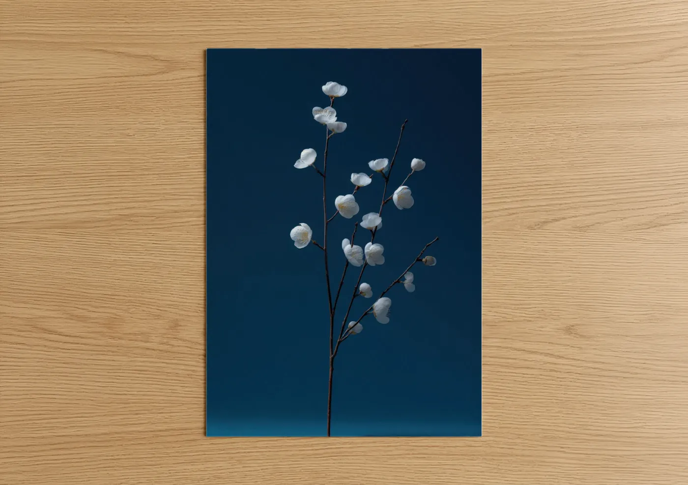 Ivory Cherry Blossom Branch Deep Blue Wall Art