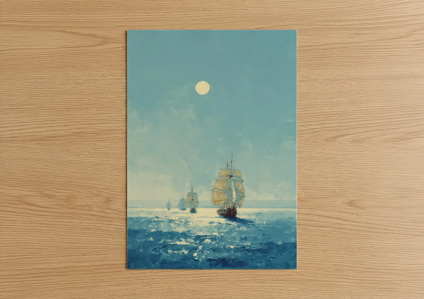 Art print on warm oak wood — blue and gold palette — Summer Sailing poster