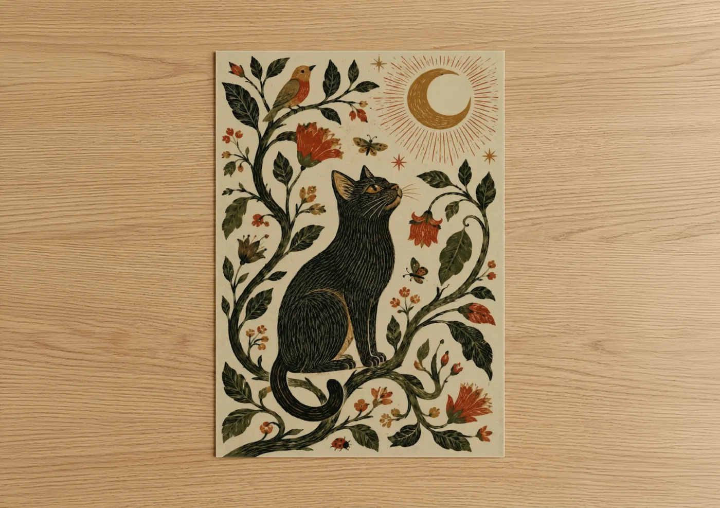 Art print on warm oak wood — black and beige palette — Folk Art Cat Moon Garden Wall Art poster