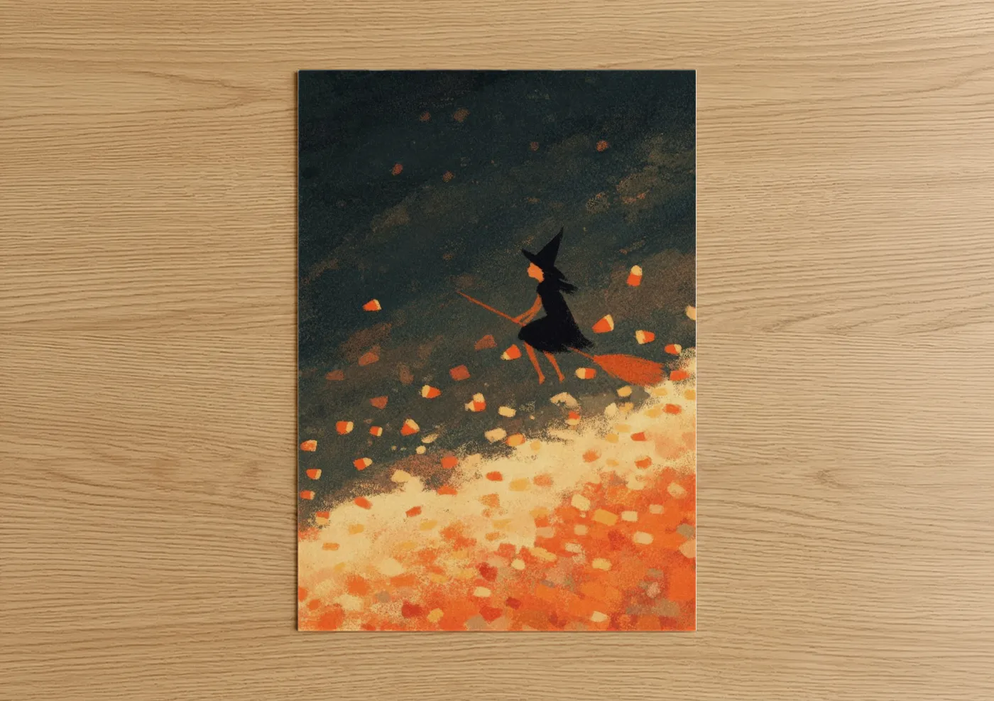 Halloween art print on warm oak wood — dark blue and orange palette — Witch's Flight poster