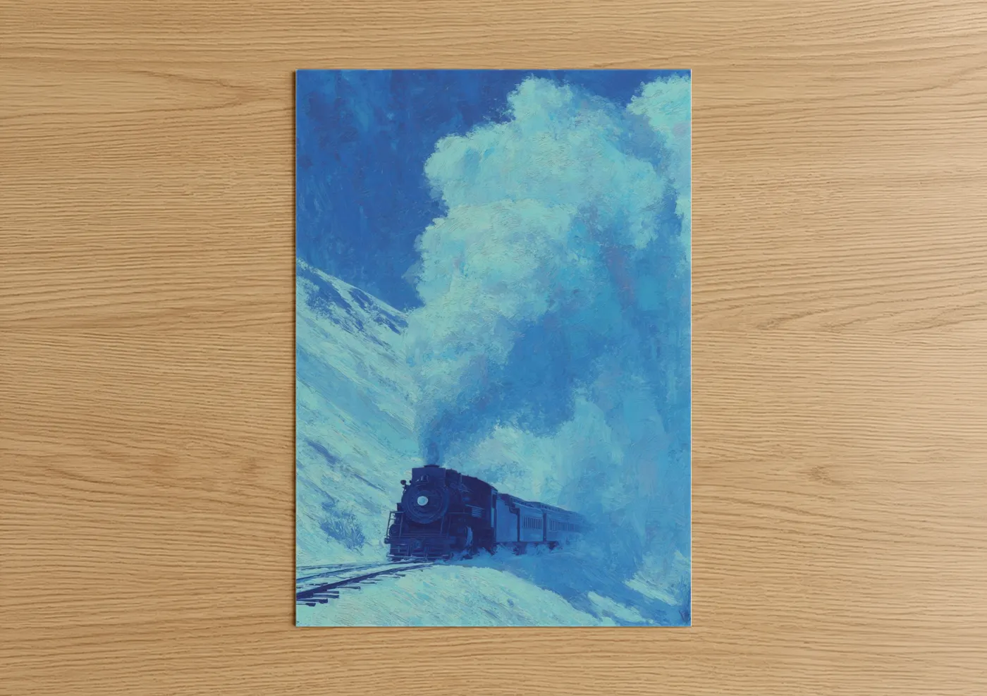 Vintage Train Snow Mountain Illustration Wall Art