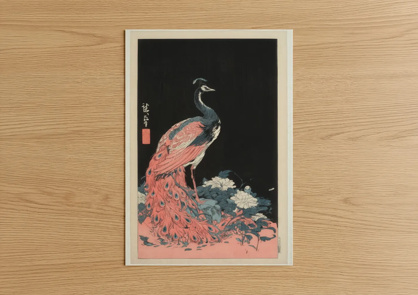 Art print on warm oak wood — salmon pink and black palette — Coral Peacock poster