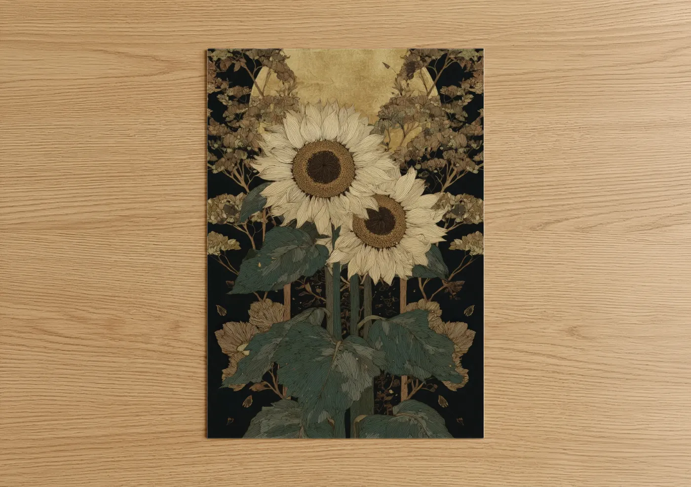 Art print on warm oak wood — cream and gold palette — Cream Sunflower Pair poster