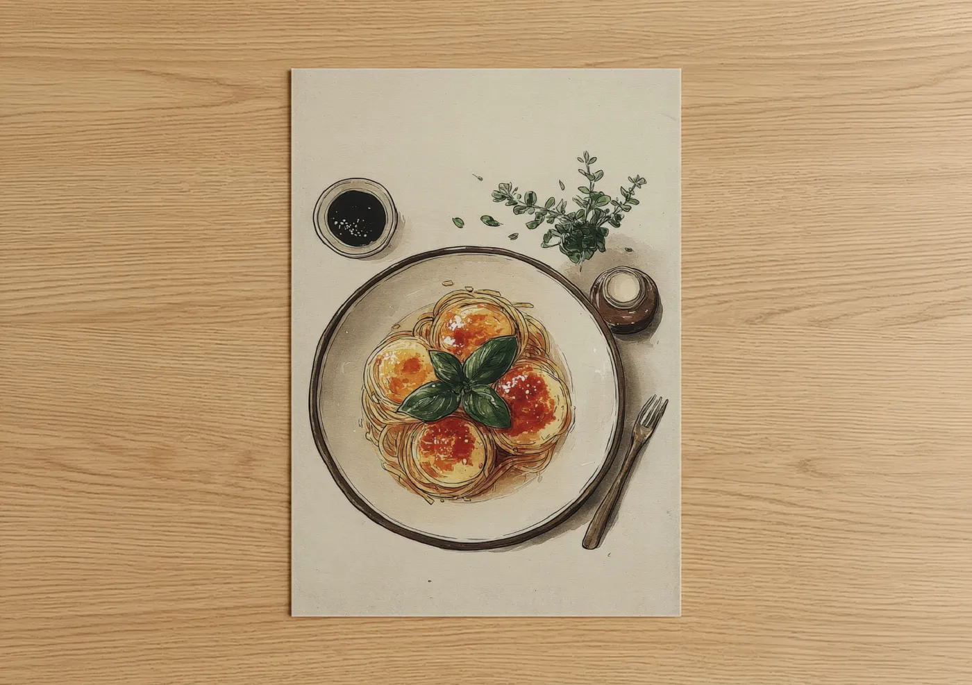 Art print on warm oak wood — cream and red palette — Tomato Basil Pasta poster