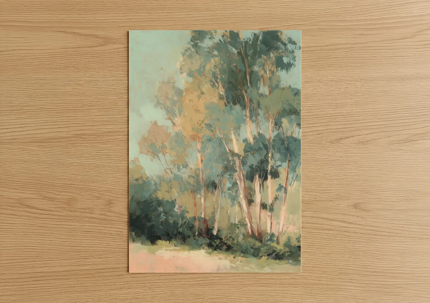 Eucalyptus forest art print on warm oak wood — cream and sage green palette — Golden Eucalyptus poster