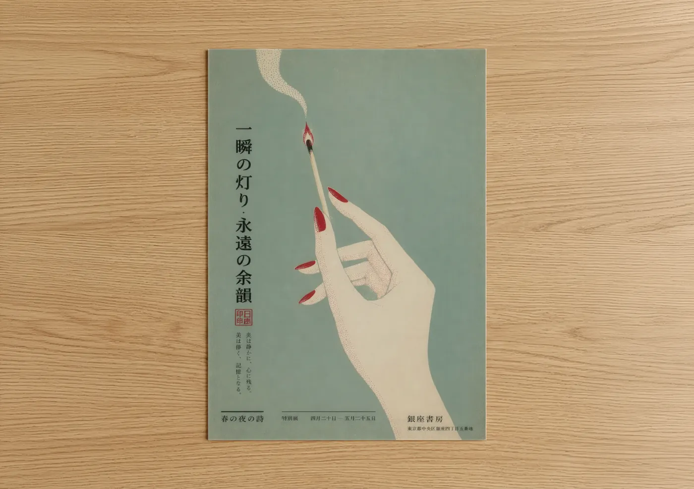 Smoking art print on warm oak wood — sage green and cream palette — Japanese Hand With Match Wall Art poster