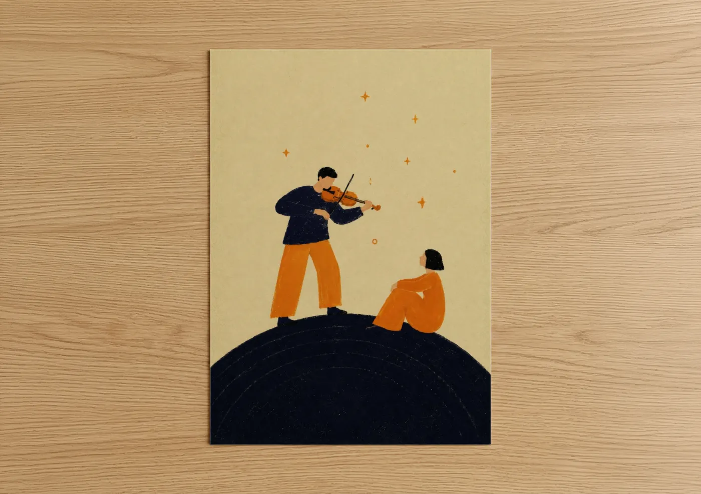 Art print on warm oak wood — orange and beige palette — Violin Serenade Under Stars Wall Art poster