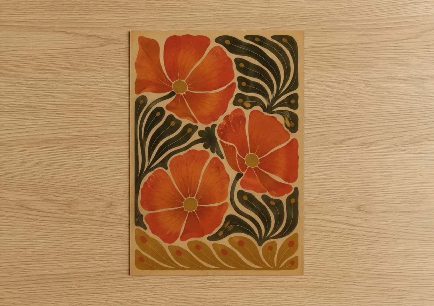 Art print on warm oak wood — orange and cream palette — Art Deco Poppies Botanical Wall Art poster
