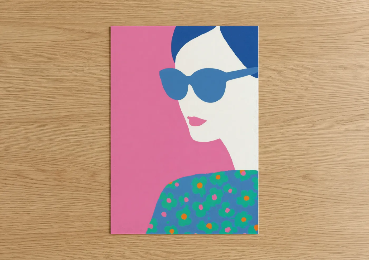 Fashion illustration art print on warm oak wood — pink and blue palette — Fashion Pop Portrait poster