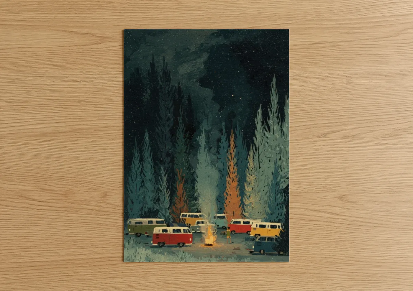 Vintage Camper Van Night Sky Forest Wall Art