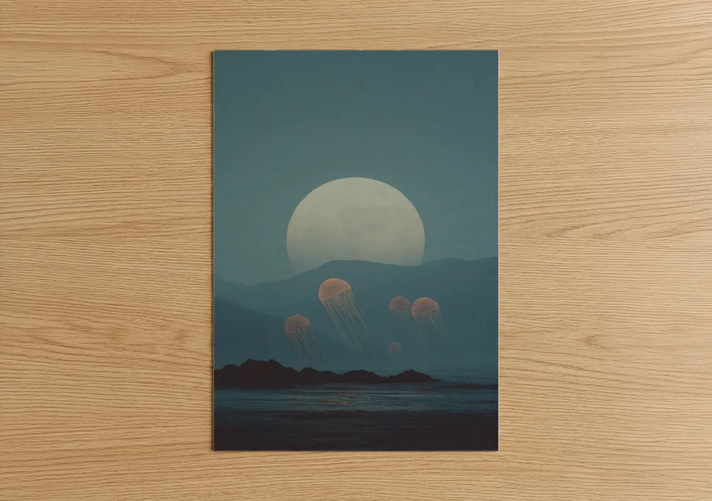 Dreamscape art print on warm oak wood — bermuda gray and dark blue palette — Lunar Jellyfish poster