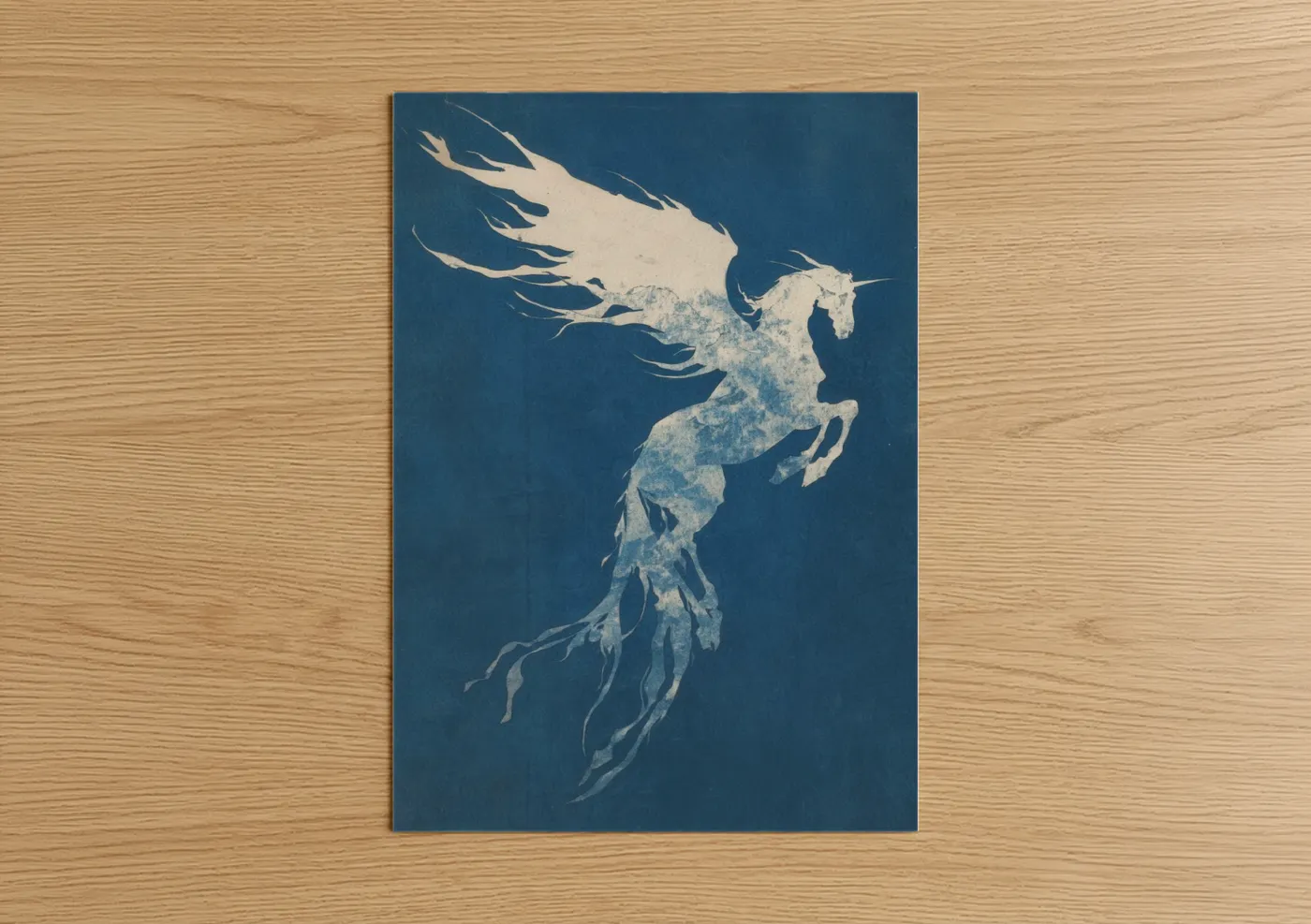 Art print on warm oak wood — blue and cream palette — Celestial Pegasus poster