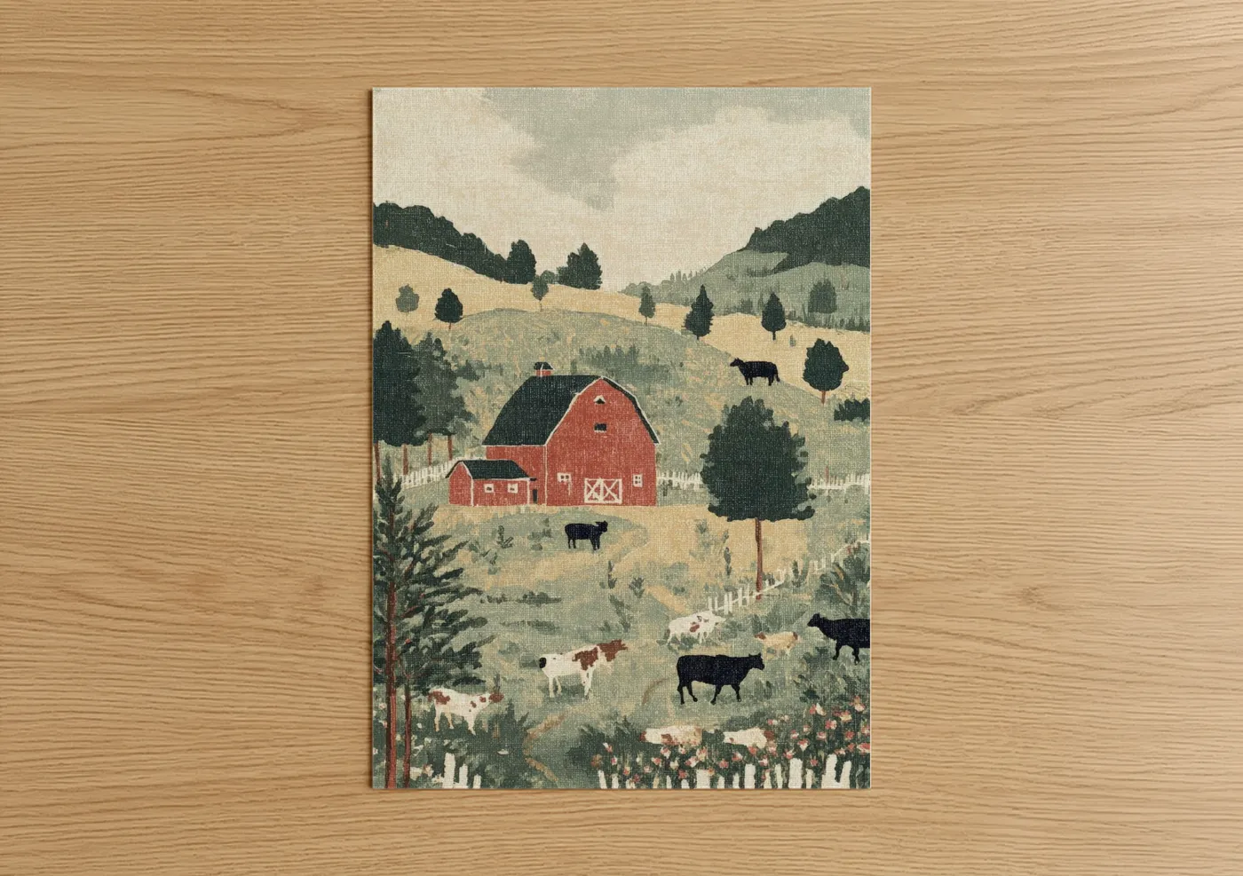 Art print on warm oak wood — cream and sage green palette — Pastoral Red Barn poster