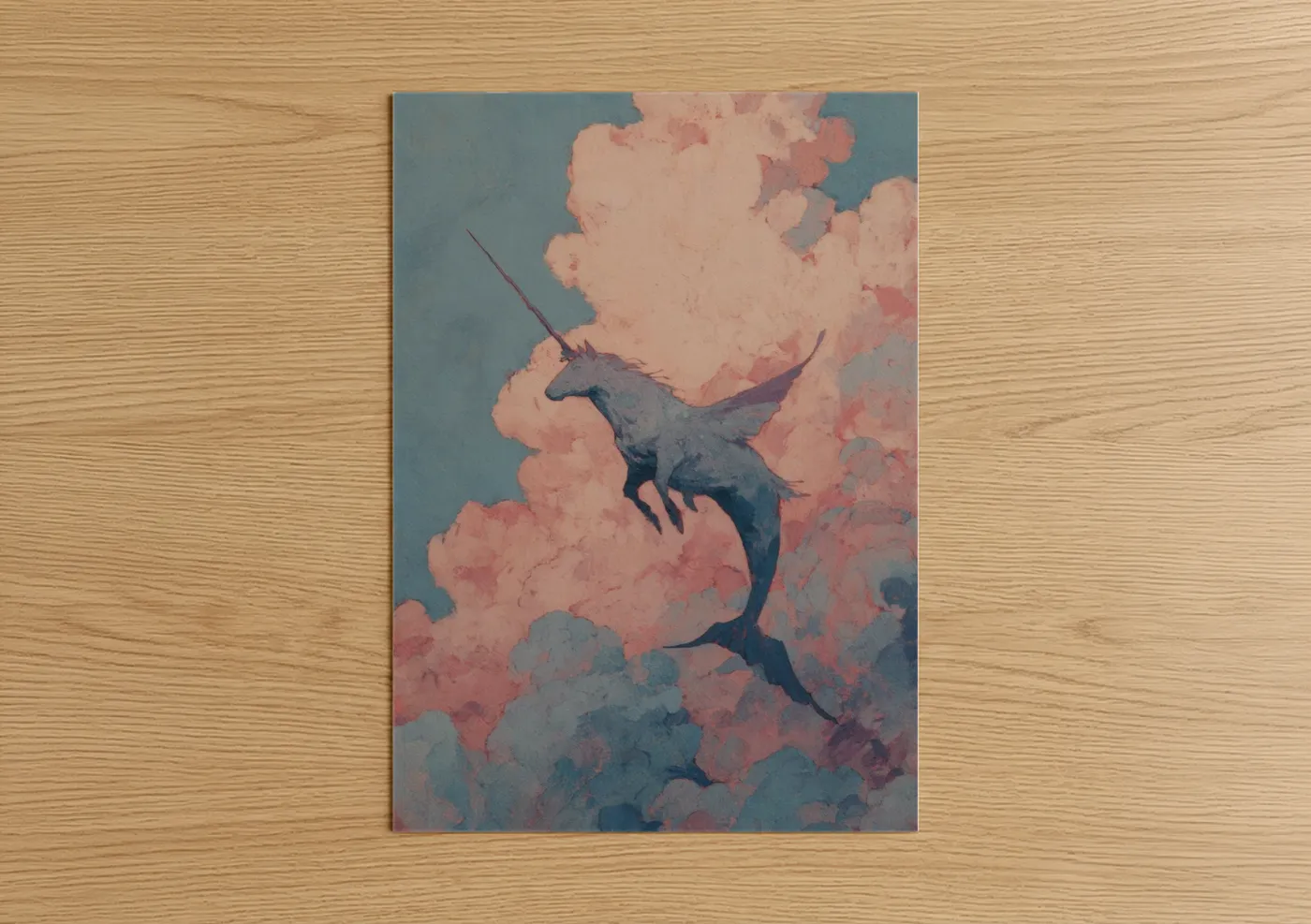 Art print on warm oak wood — peach and teal palette — Cloud Chimera poster