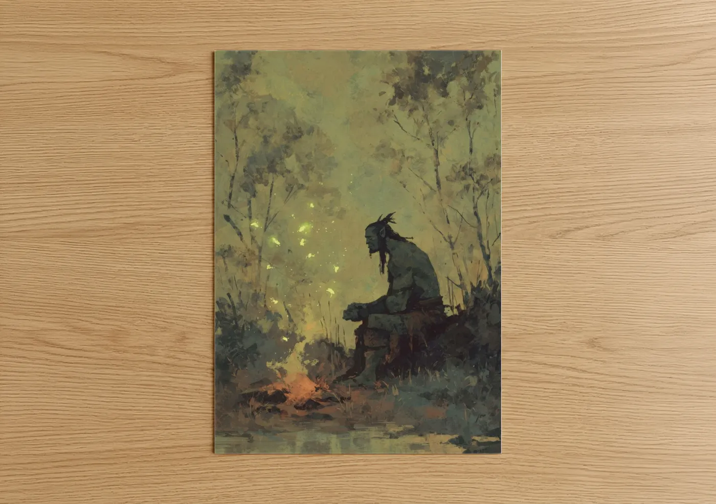 Art print on warm oak wood — olive and gold palette — Firelit Orc poster