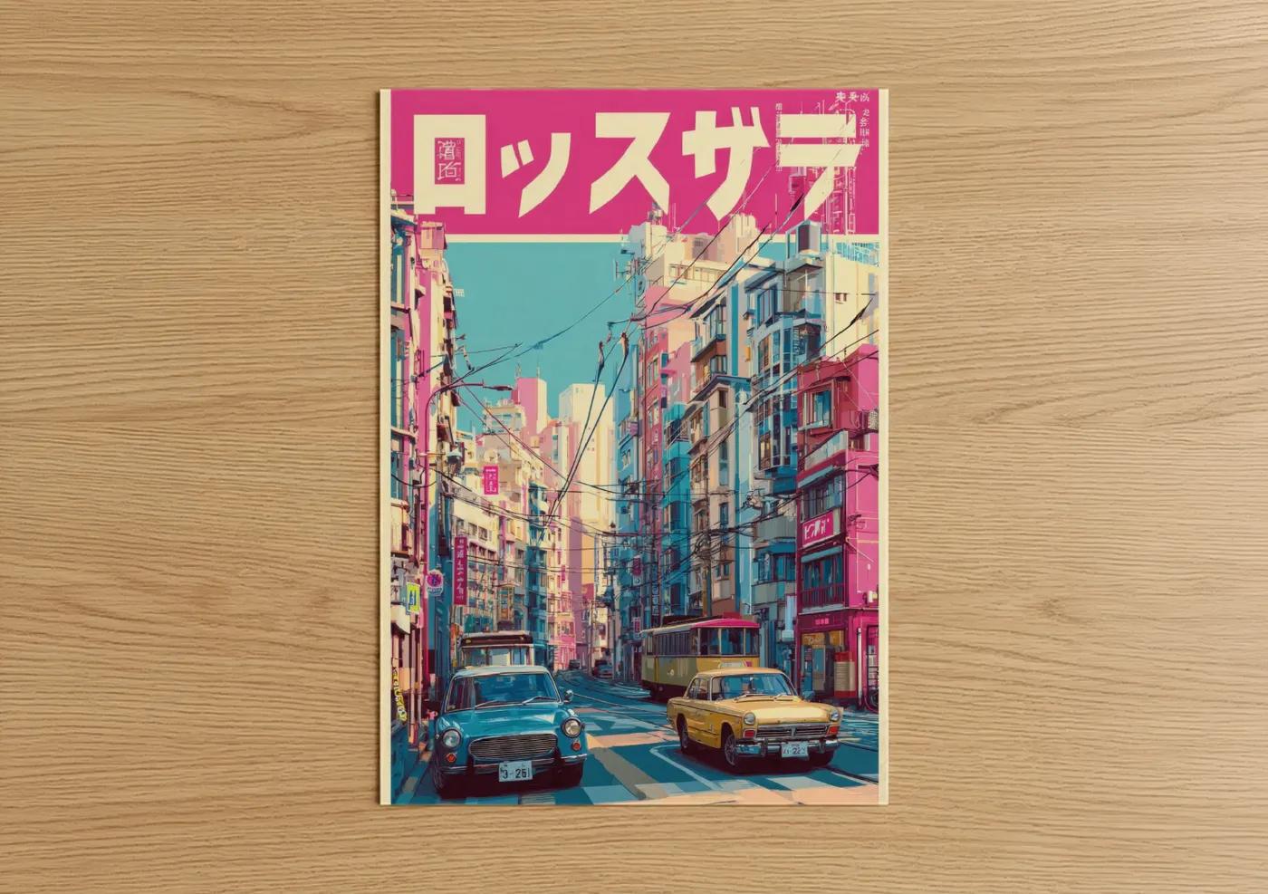 Vintage japanese ads art print on warm oak wood — magenta and turquoise palette — Neon Tokyo Street poster