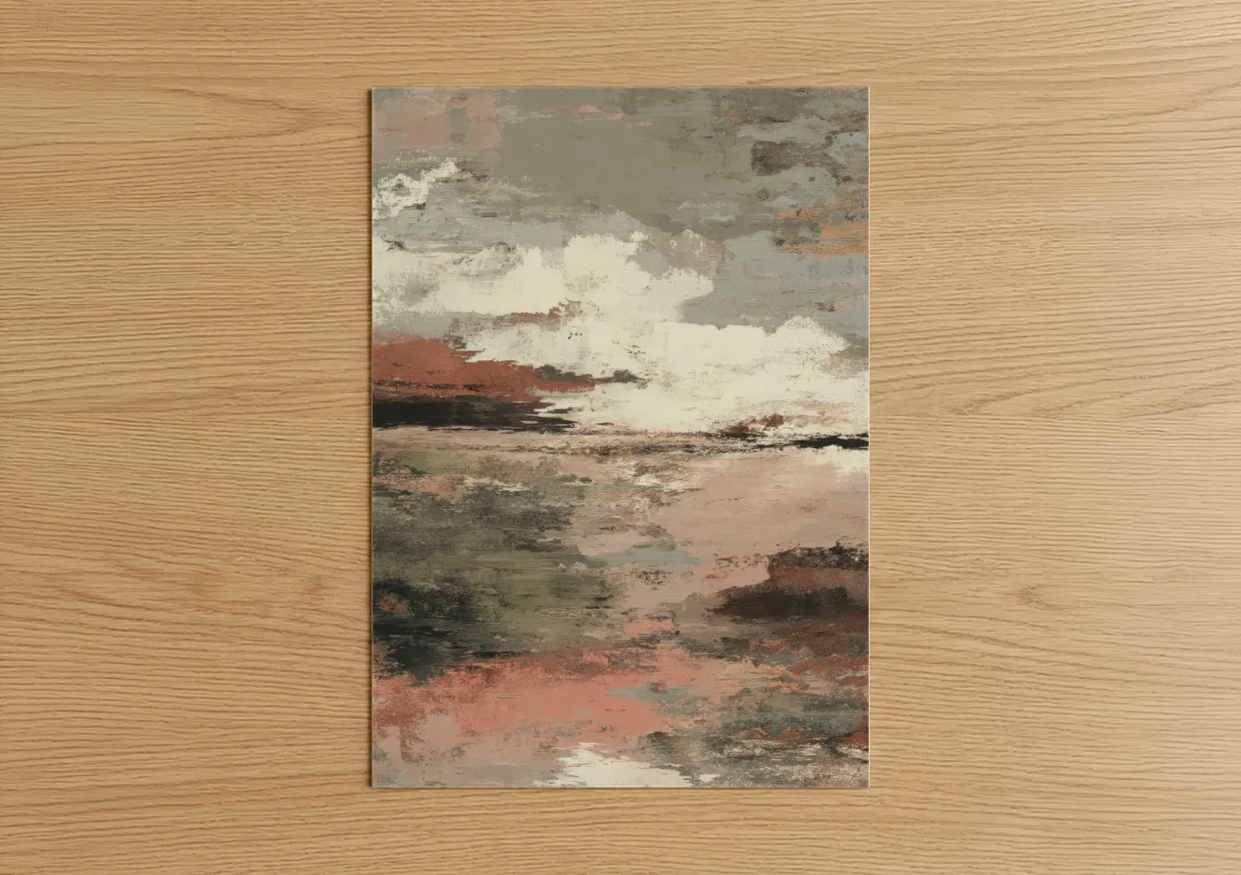 Natural stones art print on warm oak wood — russet and dove gray palette — Rustic Stone Landscape poster
