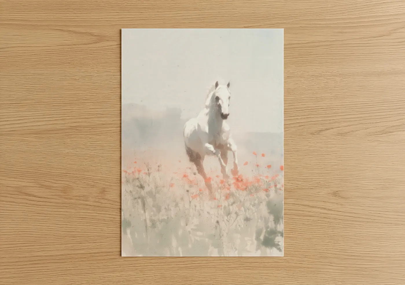 Thoroughbred horse art print on warm oak wood — white and peach palette — Misty Thoroughbred poster