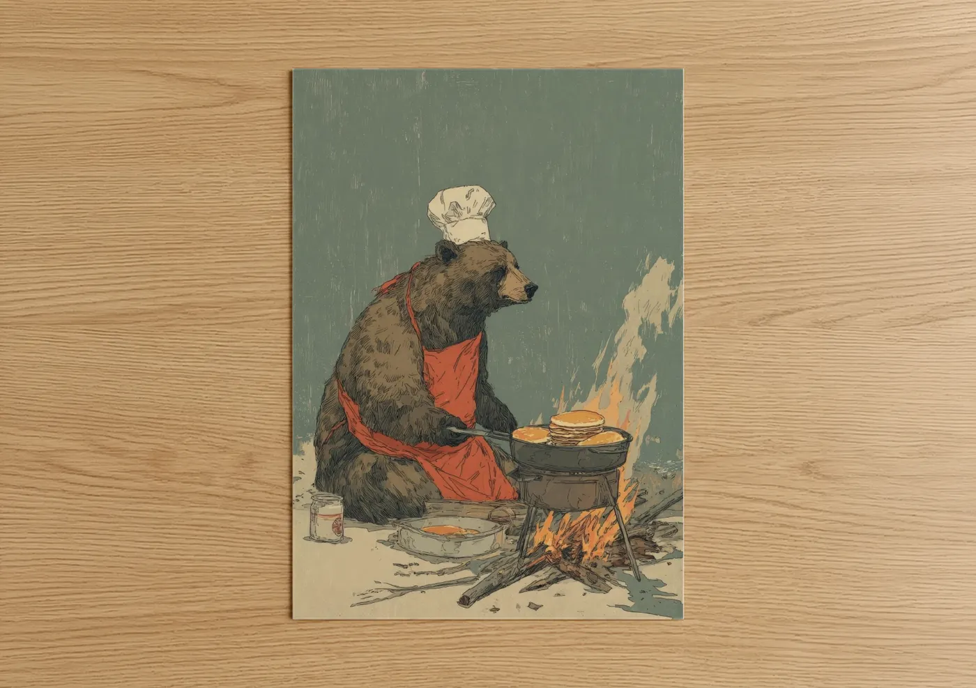 Grizzly Bear Cooking Campfire Illustration Wall Art