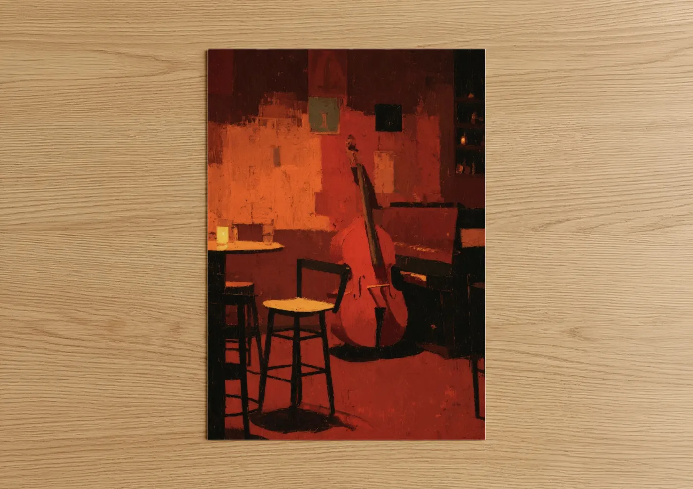 Art print on warm oak wood — red and gold palette — Jazz Club Cello poster