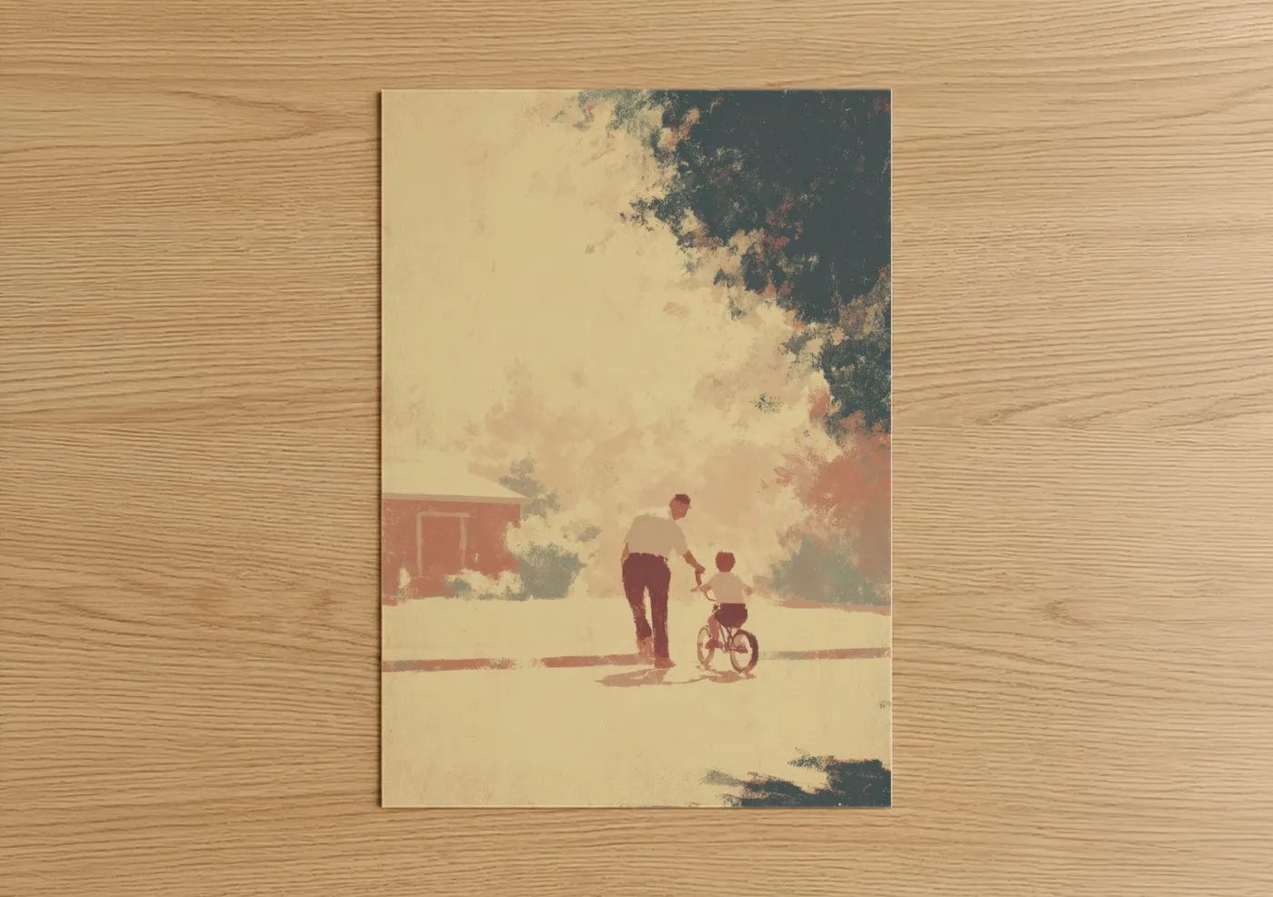Father's day art print on warm oak wood — cream and russet palette — Vintage Bicycle Lesson poster