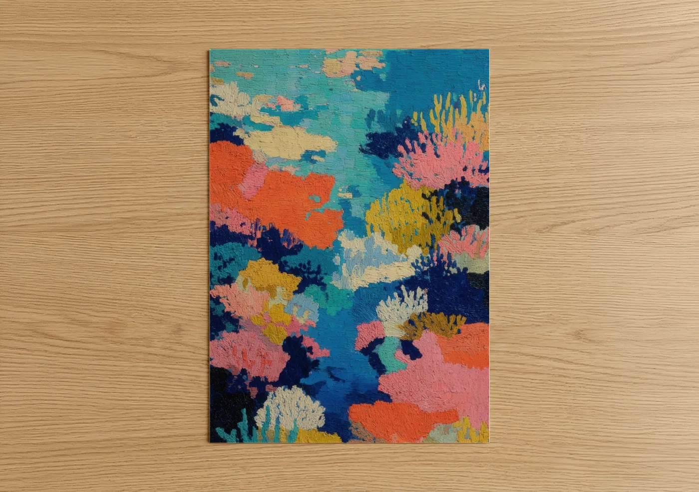 Art print on warm oak wood — turquoise and orange palette — Vibrant Coral Garden poster