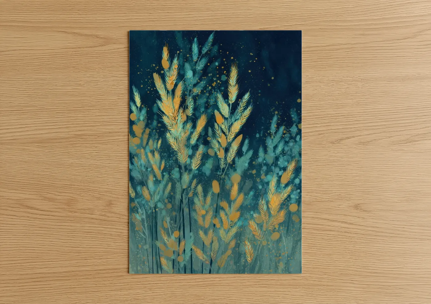 Art print on warm oak wood — gold and teal palette — Starlit Grain Field poster