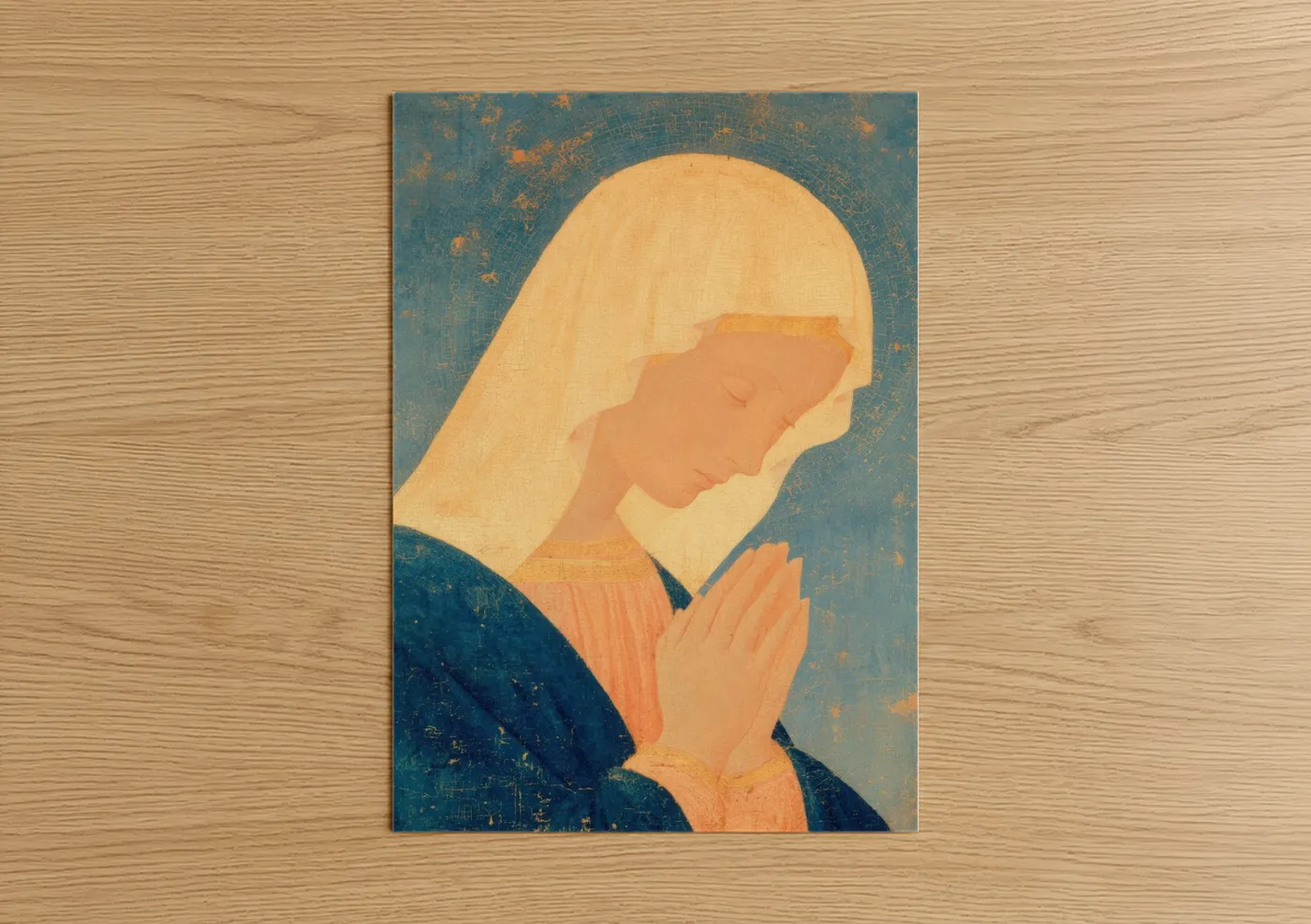 Virgin mary art print on warm oak wood — teal and peach palette — Serene Madonna poster