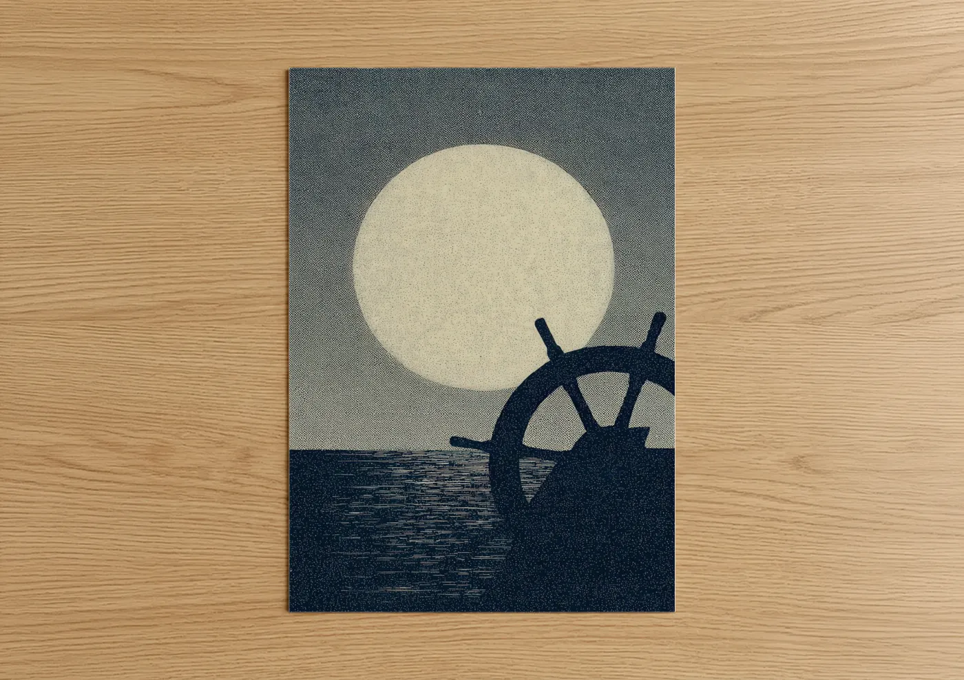 Art print on warm oak wood — cream and dark blue palette — Moonlit Shipwheel poster