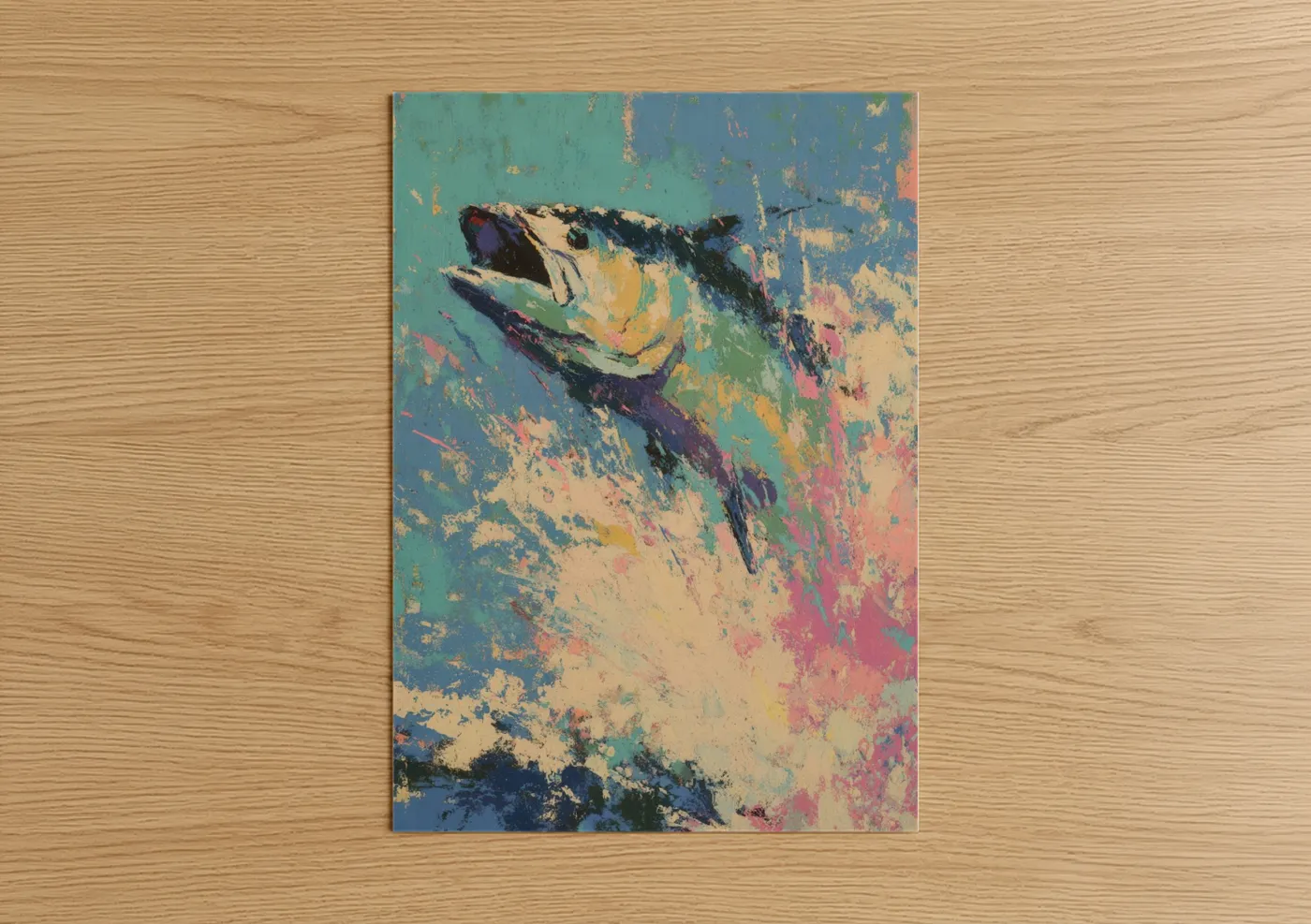 Art print on warm oak wood — turquoise and gold palette — Vibrant Tarpon poster