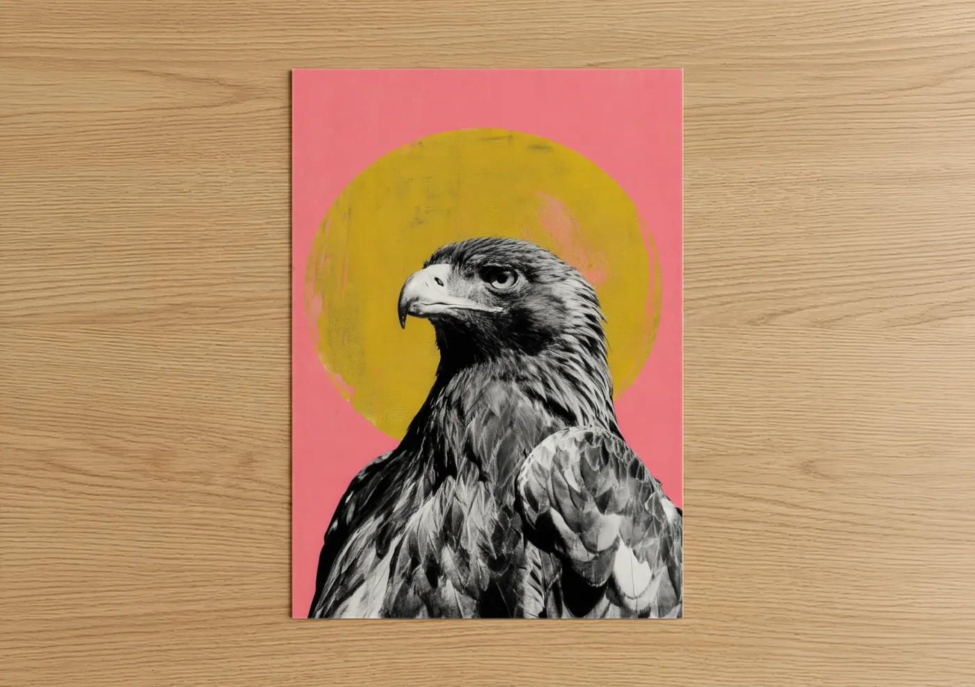 Art print on warm oak wood — yellow gold and salmon pink palette — Golden Eagle Portrait poster